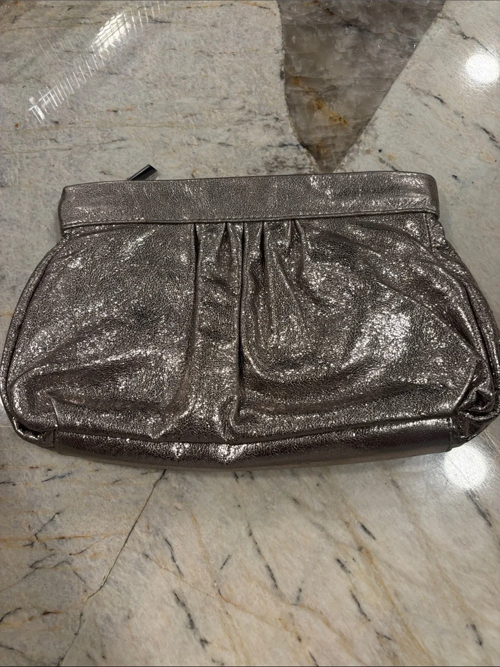 Tory Burch Shimmery Pewter Leather Wristlet Clutch